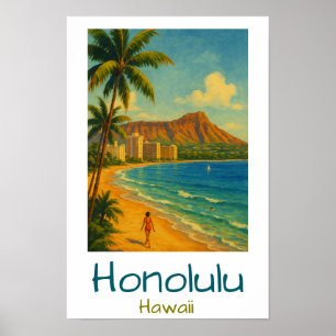Affiche Plage Rétro Honolulu Hawaii Waikiki