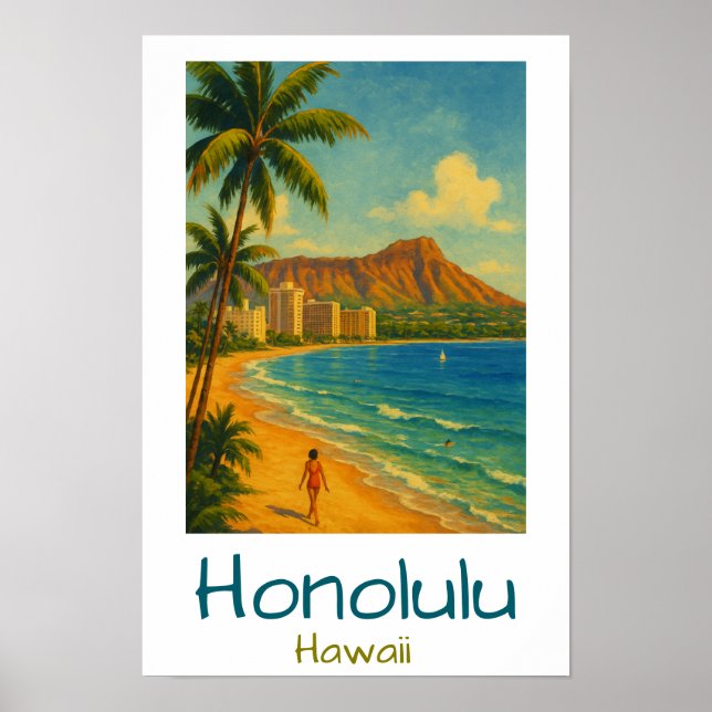 Affiche Plage Rétro Honolulu Hawaii Waikiki (Devant)
