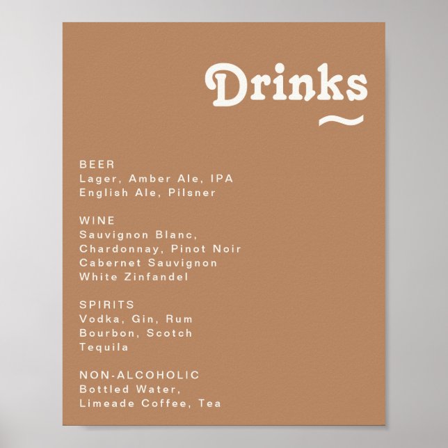 Affiche Plage Retro | Menu des boissons Mariage Brown Sign (Devant)
