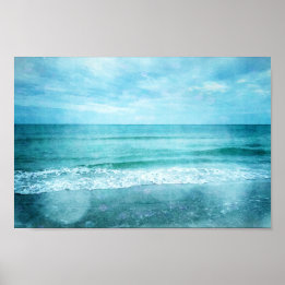 Affiche Plage Retro - Océan côtier Aquarelle bleu Turquois