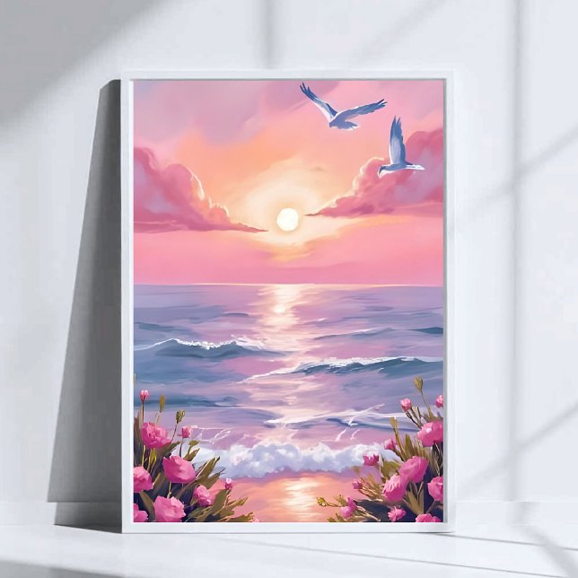 Affiche Plage Rose | Aquarelle Côtière de Coucher de Solei (Créateur téléchargé)