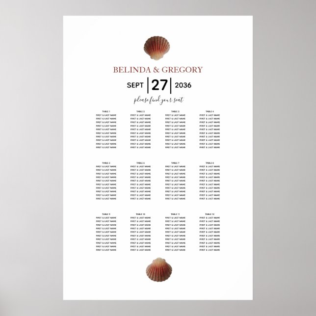 Affiche Plage Seashell Clams Mariage - Carte de siège (Devant)