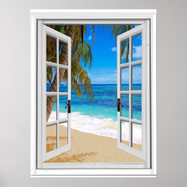 Affiche Plage Tranquille Vue sur l'Océan Fausse Fenêtre (Devant)