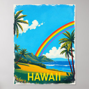 Affiche Plage tropicale à Hawaii avec arc en ciel