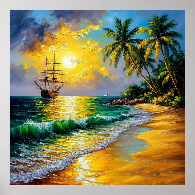 Affiche Plage tropicale au lever du soleil avec un voilier (Devant)