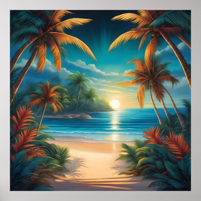 Affiche Plage tropicale avec palmiers (Devant)