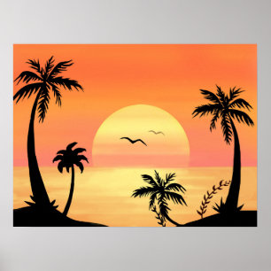 Affiche Plage tropicale coucher de soleil Palm Tree Silhou