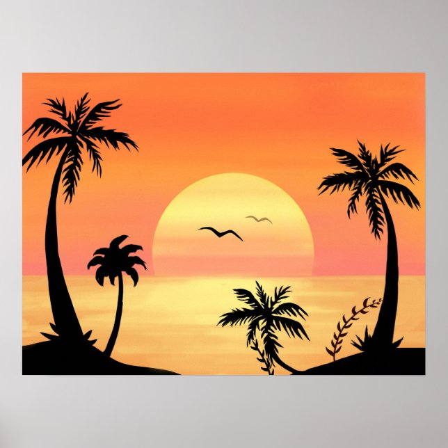 Affiche Plage tropicale coucher de soleil Palm Tree Silhou (Devant)