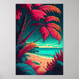 Affiche Plage tropicale Rustique Élégant Rouge Vert Orange