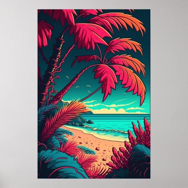 Affiche Plage tropicale Rustique Élégant Rouge Vert Orange (Devant)