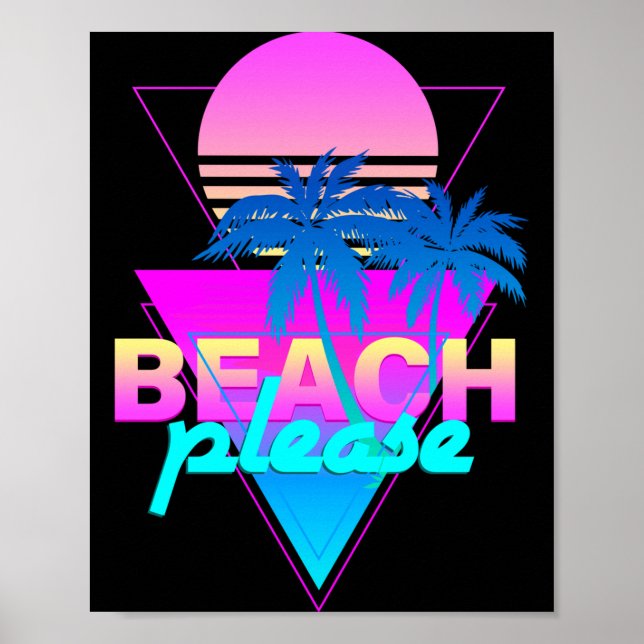 Affiche Plage vaporwave rétro palmier & coucher de soleil (Devant)