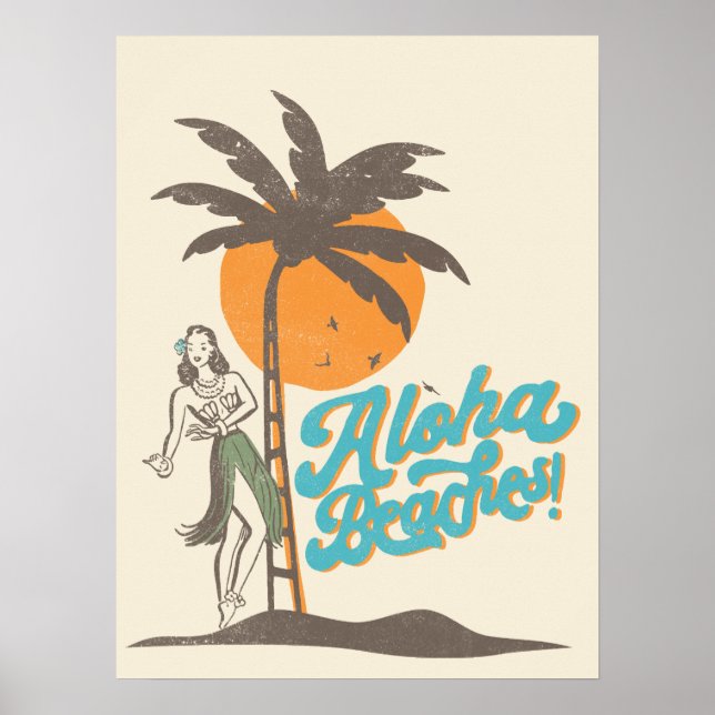 Affiche Plages d'Aloha Hula Girl Hawaii Hawaii Retro Hawai (Devant)