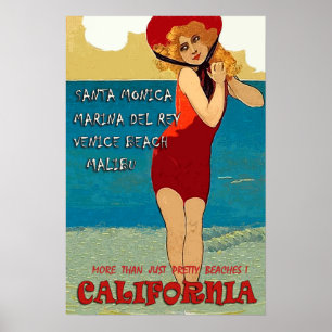Affiche Plages de Californie, femme en maillot de bain rou