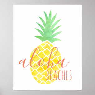 Affiche Plages hawaïennes mignonnes d'ananas d'aquarelle