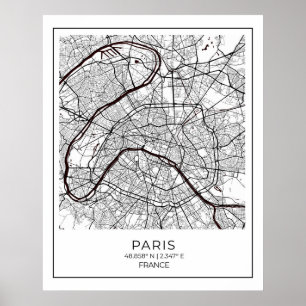 Affiche Plan blanc de Paris - Carte Mur Décor Art