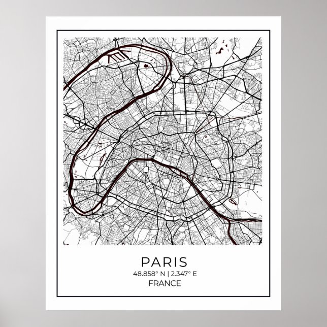 Affiche Plan blanc de Paris - Carte Mur Décor Art (Devant)