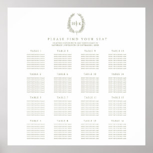 Affiche Plan de 16 tables de mariage ovale élégant en vert