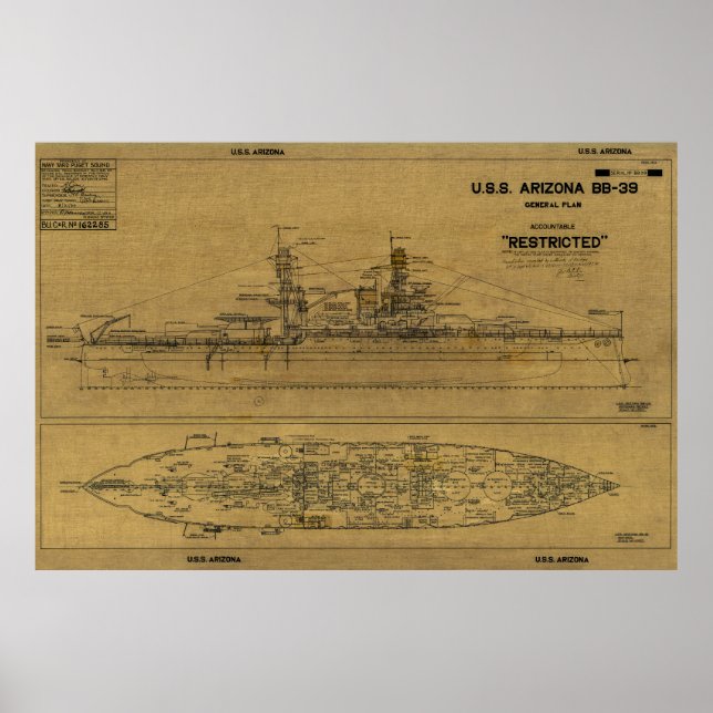 Affiche Plan de 1934 de l'ARIZONA Battleship des États-Uni (Devant)