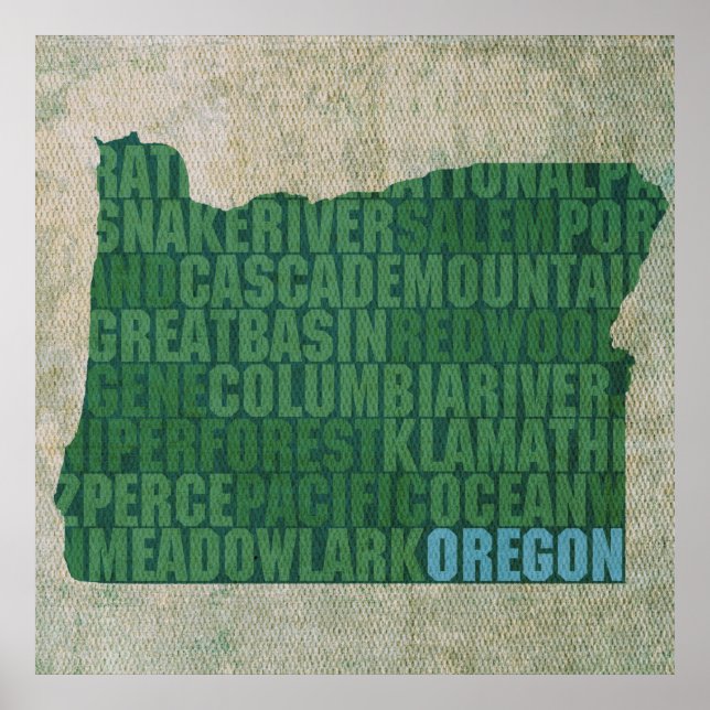 Affiche Plan de l'état de l'Oregon - Plan de mots sur toil (Devant)