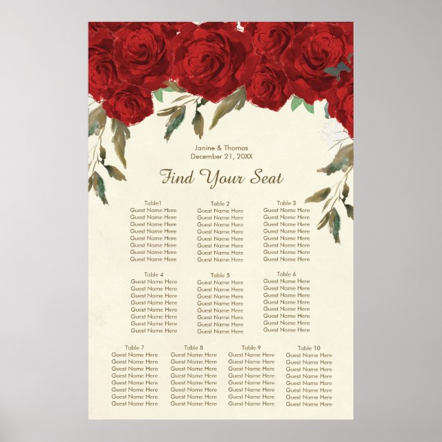 Affiche plan de mariage à fleurs de roses rouges (Devant)
