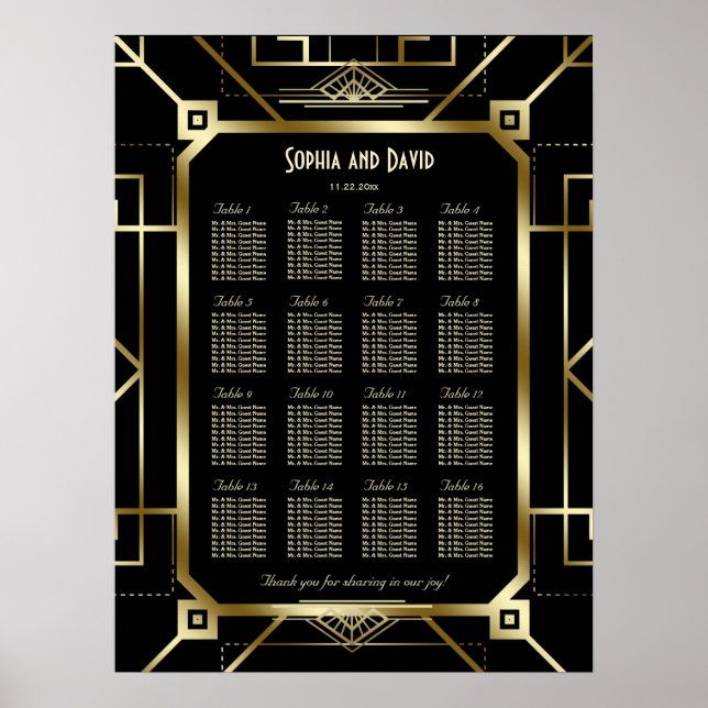 Affiche Plan de salle de luxe noir et or (Devant)