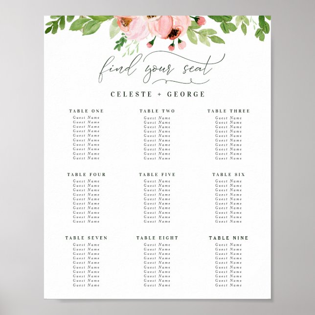 Affiche Plan de siège à fleurs vert et rose Aquarelle (Devant)