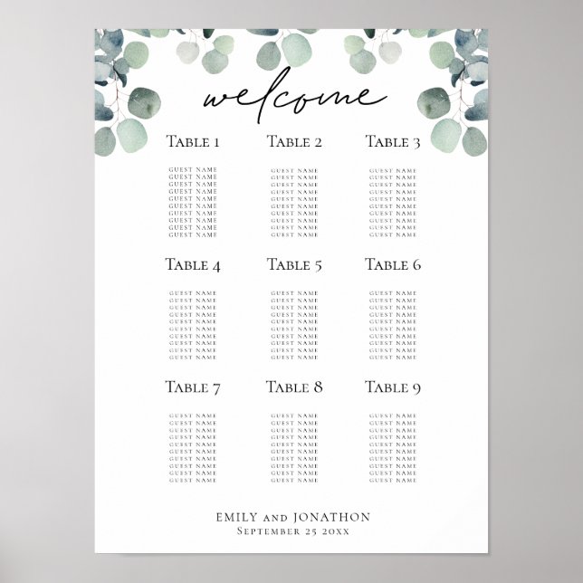 Affiche Plan de siège Eucalyptus Mariage - Carte d'accueil (Devant)