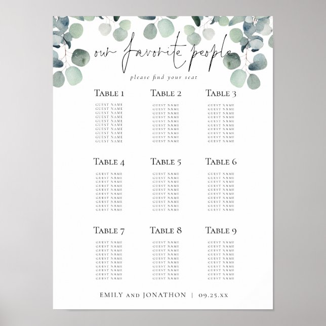 Affiche Plan de siège Eucalyptus Mariages Favoris Personne (Devant)