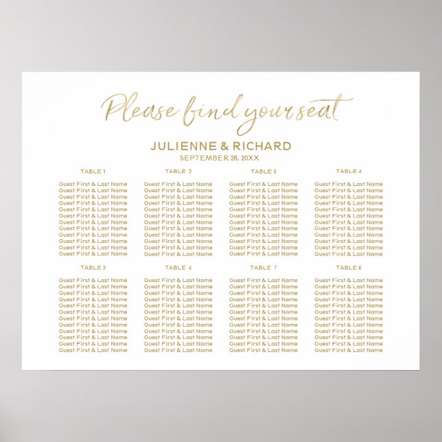 Affiche Plan de siège mariage 8 tables Panneau or (Devant)