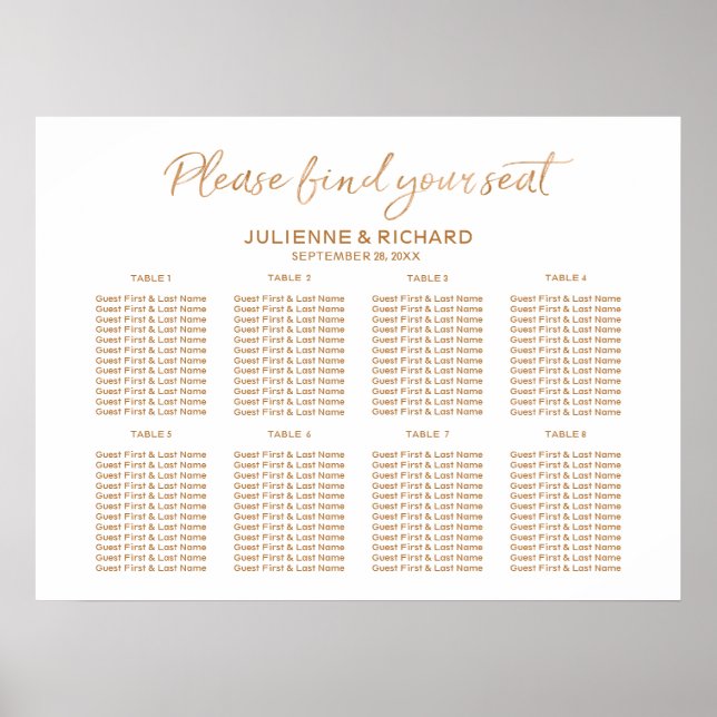 Affiche Plan de siège mariage 8 tables Panneau or Rose (Devant)