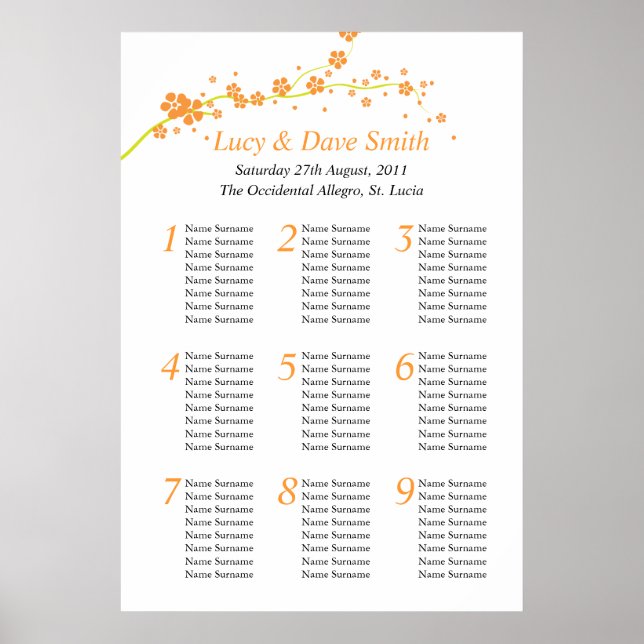 Affiche Plan de siège Mariage à fleurs vert et orange (Devant)