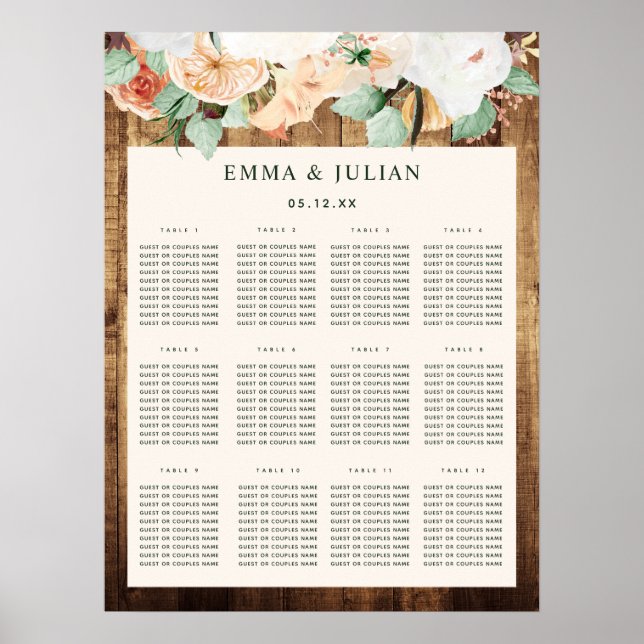 Affiche Plan de siège Mariage Botanique Boho Woodgrain (Devant)
