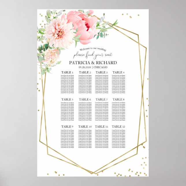 Affiche Plan de siège mariage élégant Floral (Devant)