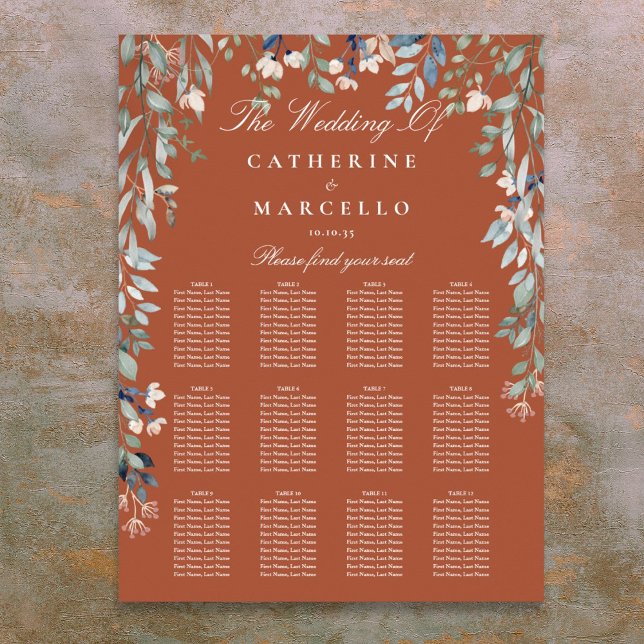 Affiche Plan de siège Mariage Fleur sauvage en terre cuite (Terracotta Wildflowers Wedding Seating Plan Chart)