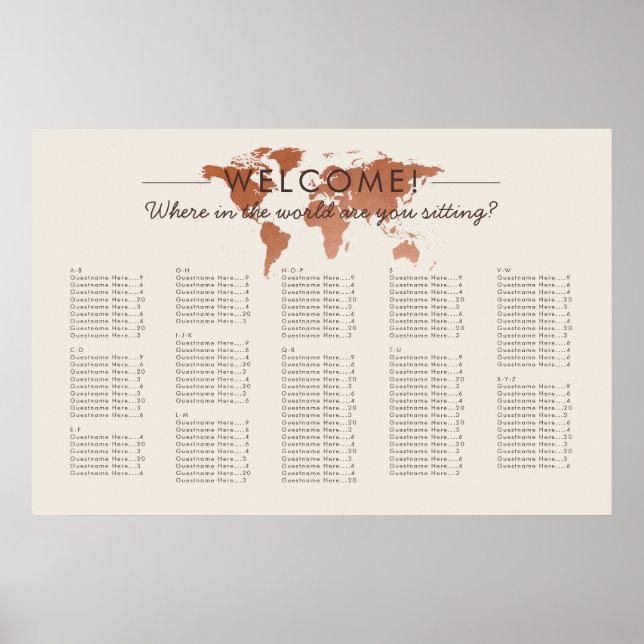 Affiche Plan de Siège Thème Voyage Carte du Monde en Cuivr (Devant)