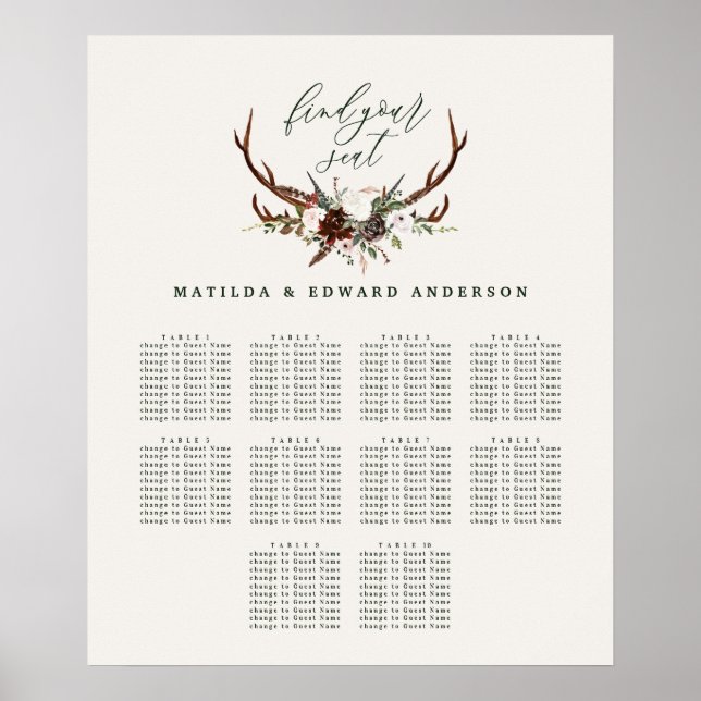 Affiche Plan de sièges botanique fleuri rustique mariage (Devant)