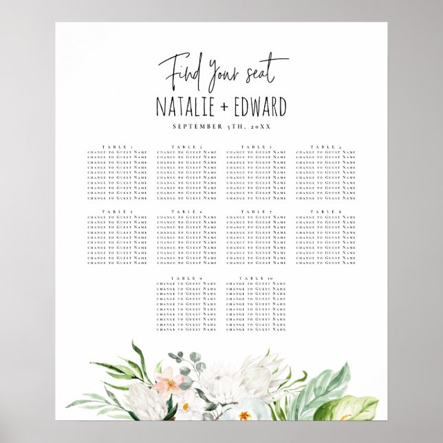 Affiche Plan de sièges mariage à fleurs d'aquarelle tropic (Devant)