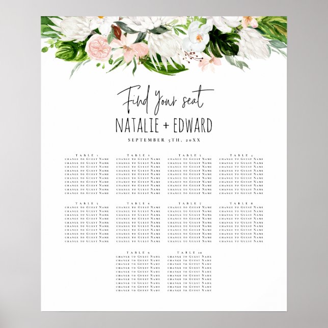 Affiche Plan de sièges mariage à fleurs d'aquarelle tropic (Devant)
