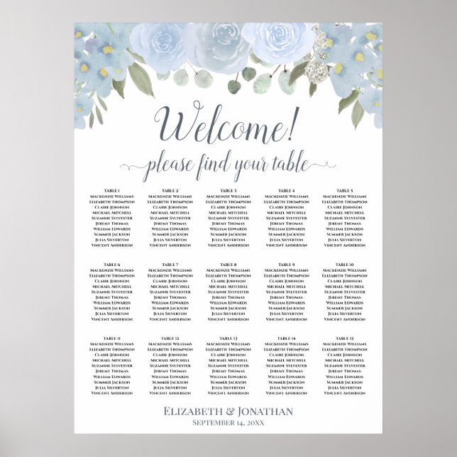Affiche Plan de table 15 tables Roses Gris Bleu Poussiéreu (Devant)