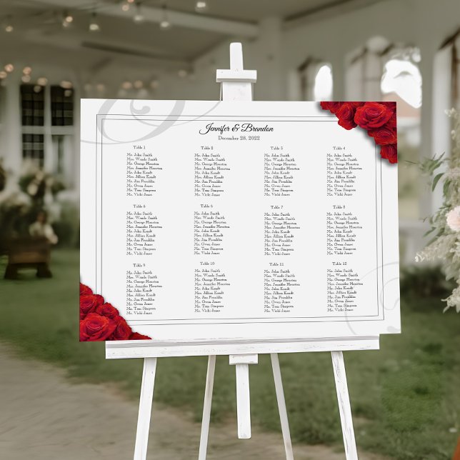 Affiche Plan de table 16 x 20 Roses Rouges (12 Table Elegant Red Roses Seating Chart)