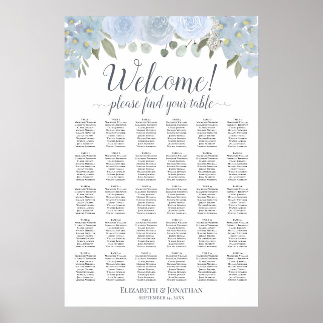 Affiche Plan de table 30 tables Roses Bleu Poussiéreux Boh (Devant)