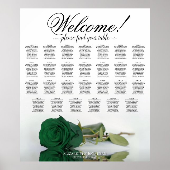 Affiche Plan de table à 27 places Rose verte émeraude élég (Devant)