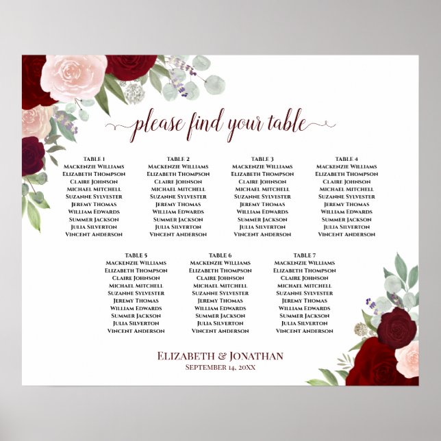 Affiche Plan de table à 7 tables avec roses rouges et rose (Devant)