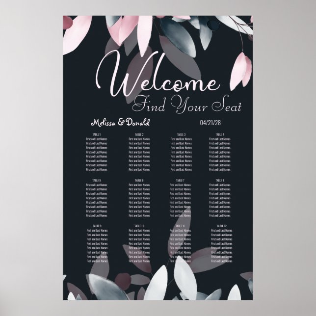 Affiche Plan de table à l'aquarelle élégant rose marine (Devant)