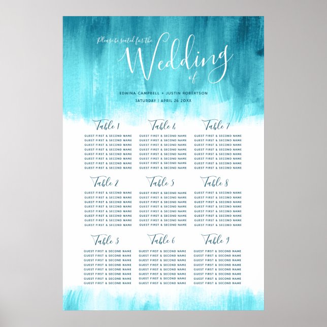 Affiche Plan de table abstrait bleu mariage aqua vert (Devant)