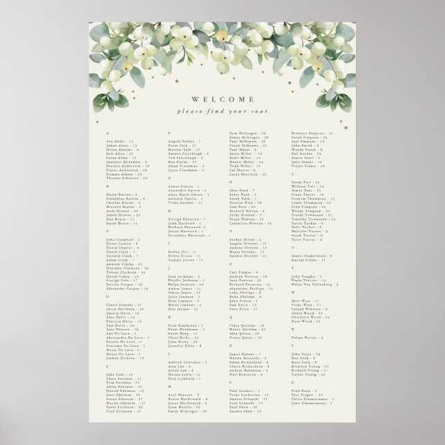Affiche Plan de table alphabétique 24 x 36" pour 200 perso (Devant)