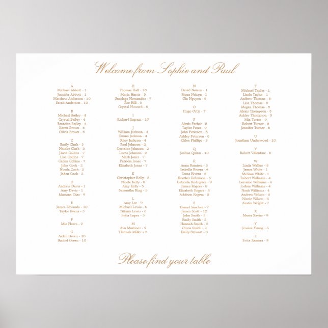 Affiche Plan de table alphabétique Beige Doré Blanc (Devant)