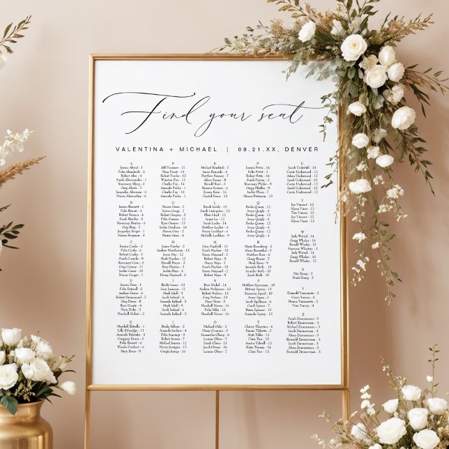 Affiche Plan de table alphabétique de mariage à calligraph (Elegant Calligraphy Script Find Your Seat Alphabetical Seating Chart)
