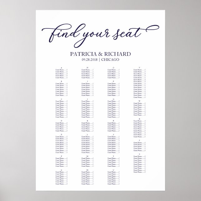 Affiche Plan de table alphabétique Écriture Navy Blue (Devant)
