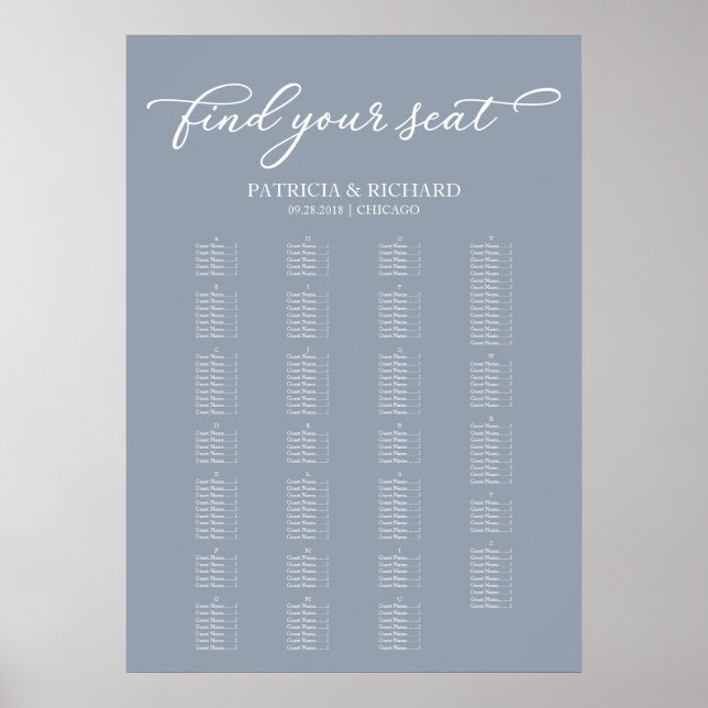Affiche Plan de table alphabétique Élégant bleu poussiéreu (Devant)